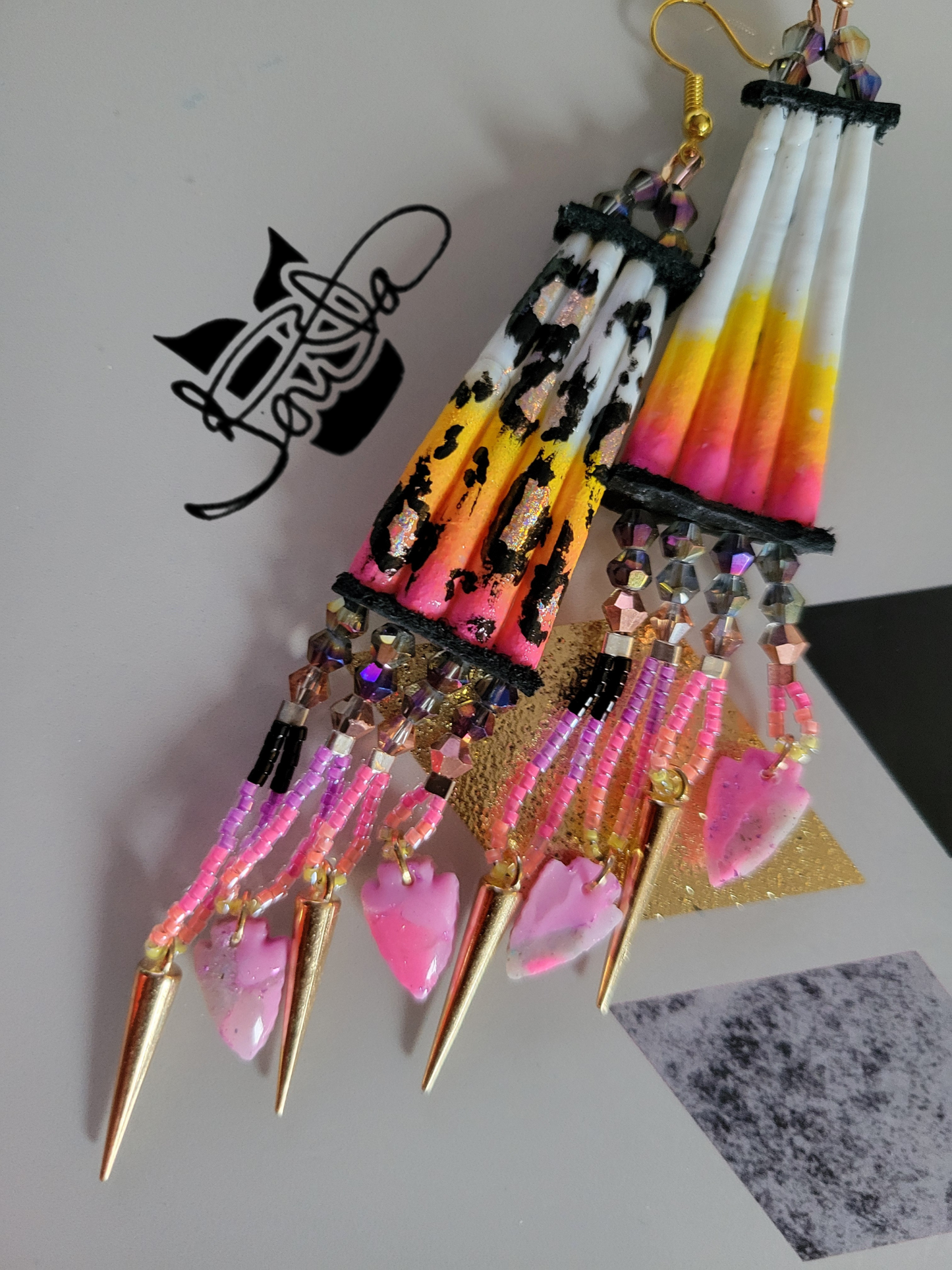 Rainbow leopard dentalium earrings with custom clay arrowheads and spikes