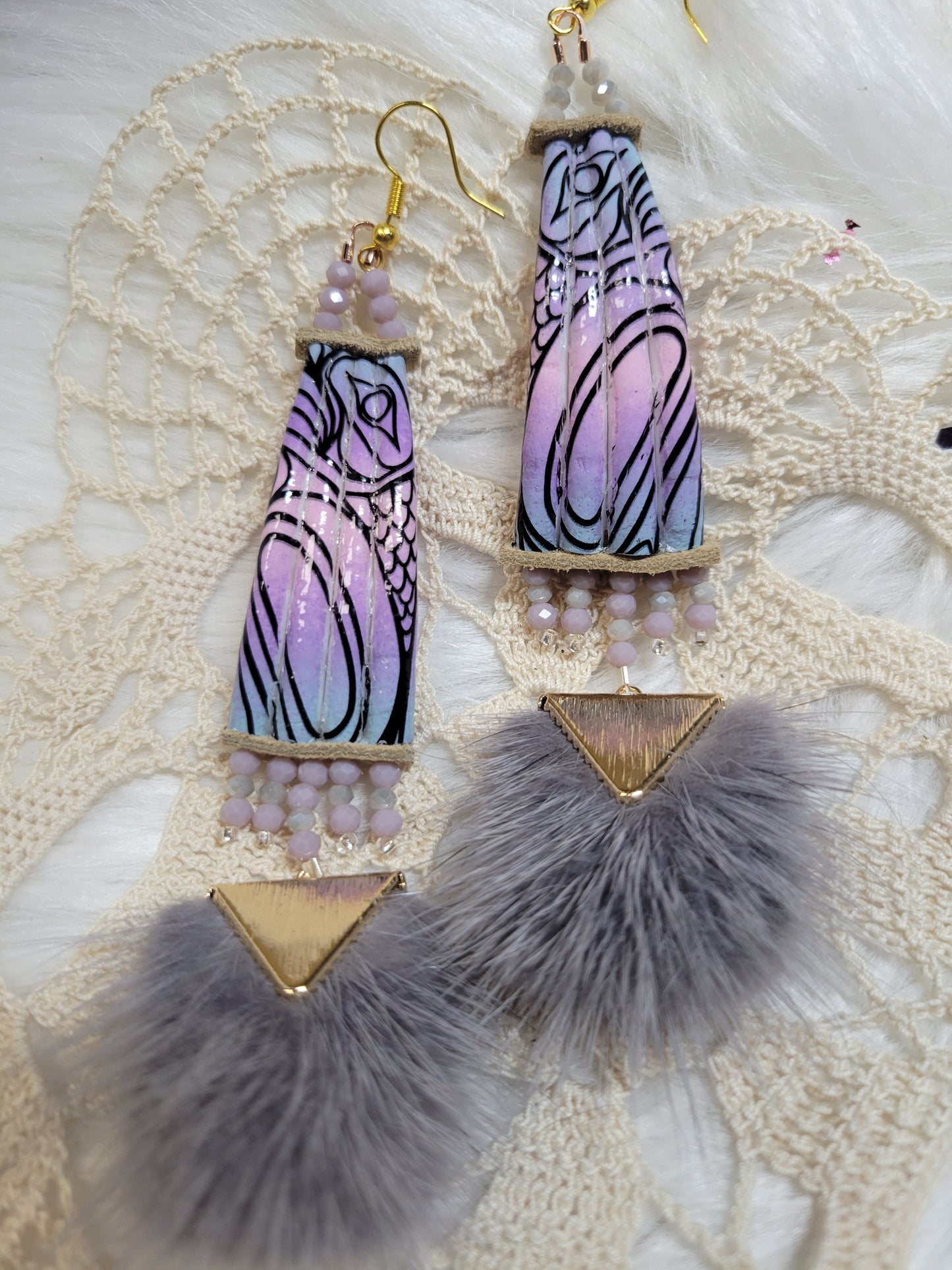 Lavender hand painted Dentalium earrings with mink dangles