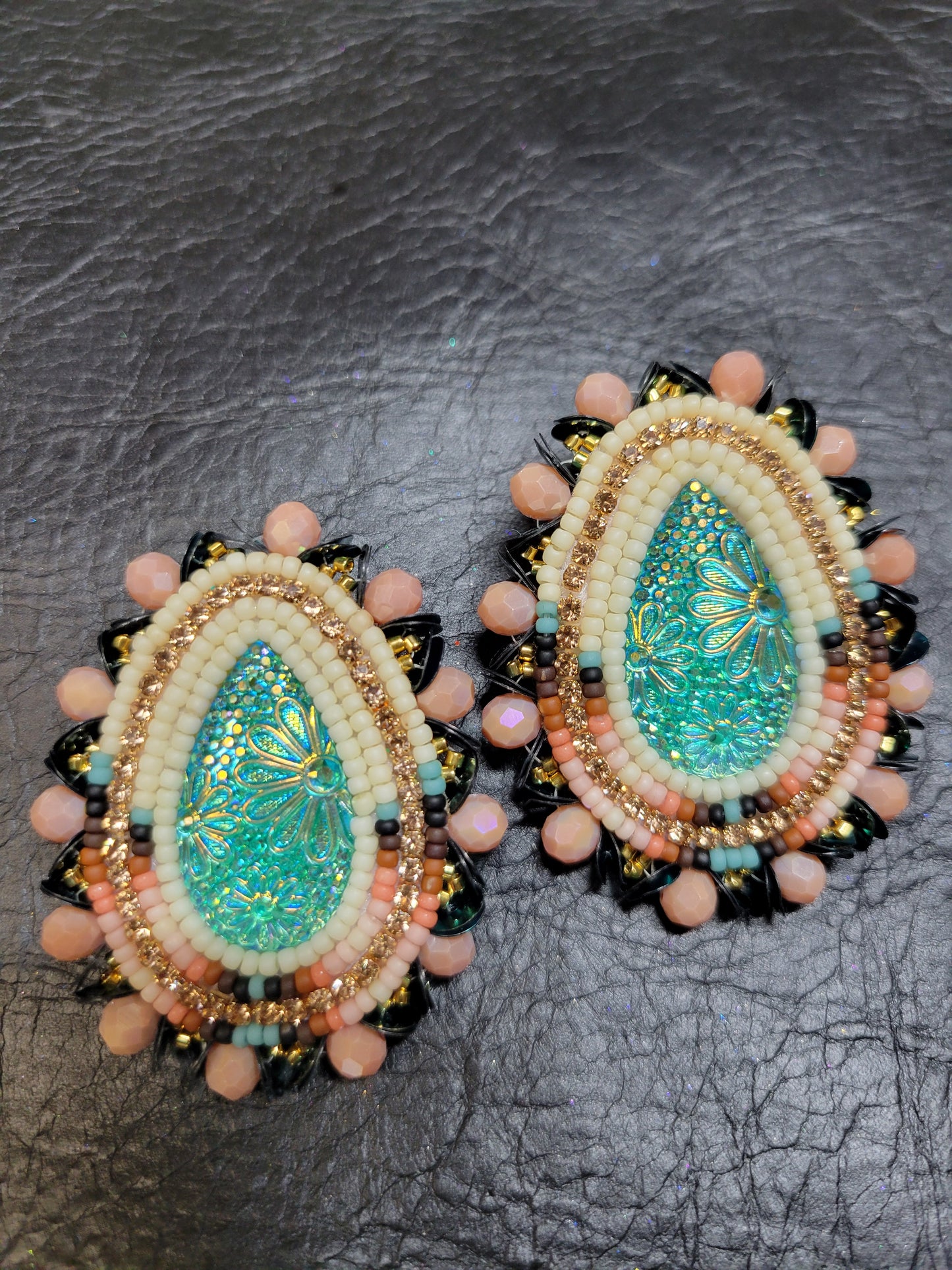 Turquoise tear drop beaded earrings with sequins edging