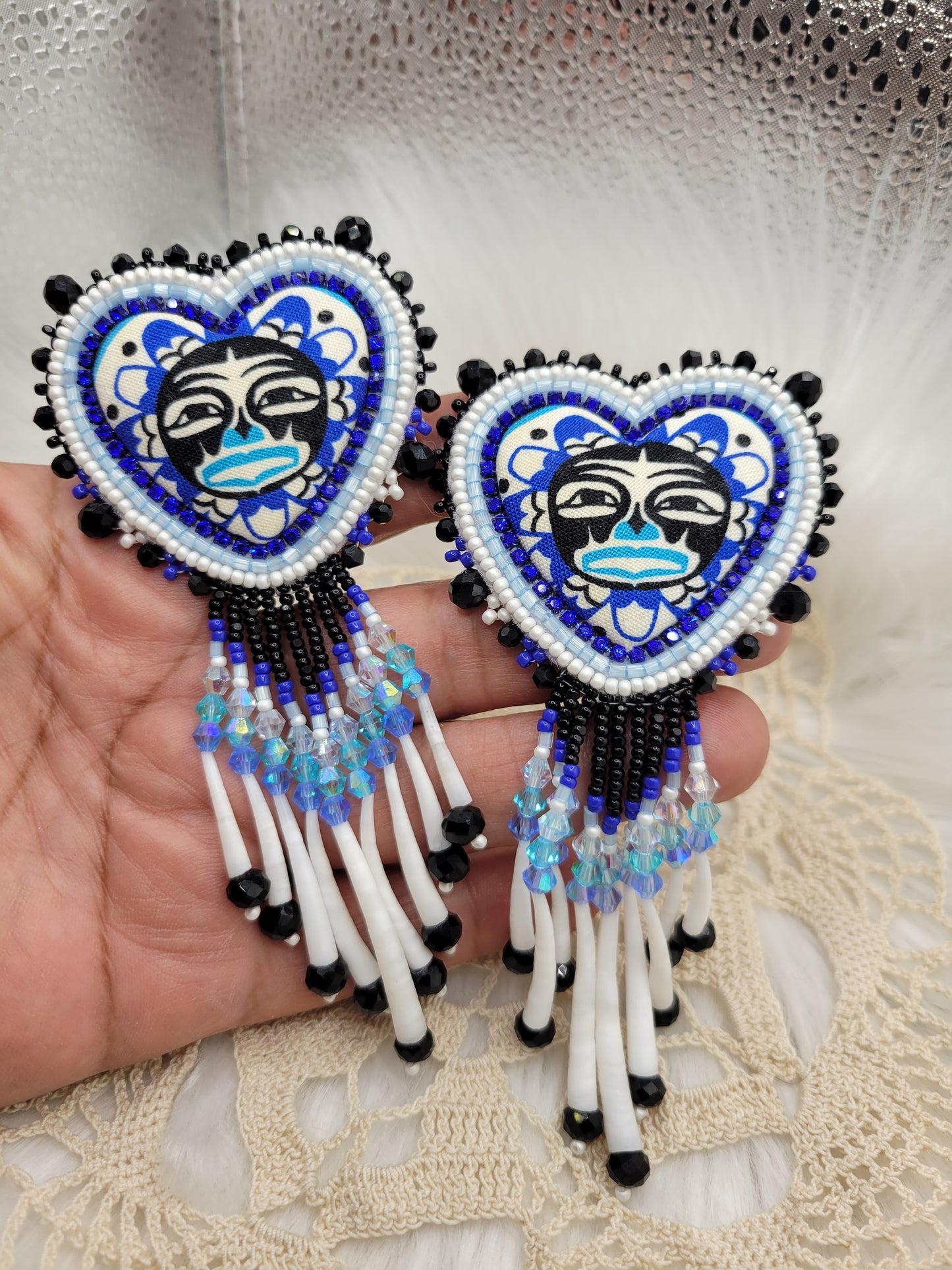 Fabric hearts cabs with moon design and dentalium dangles