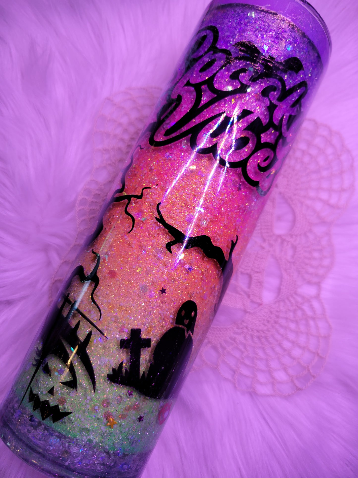 20oz Spooky Vibes snow globe tumbler that glows in the dark