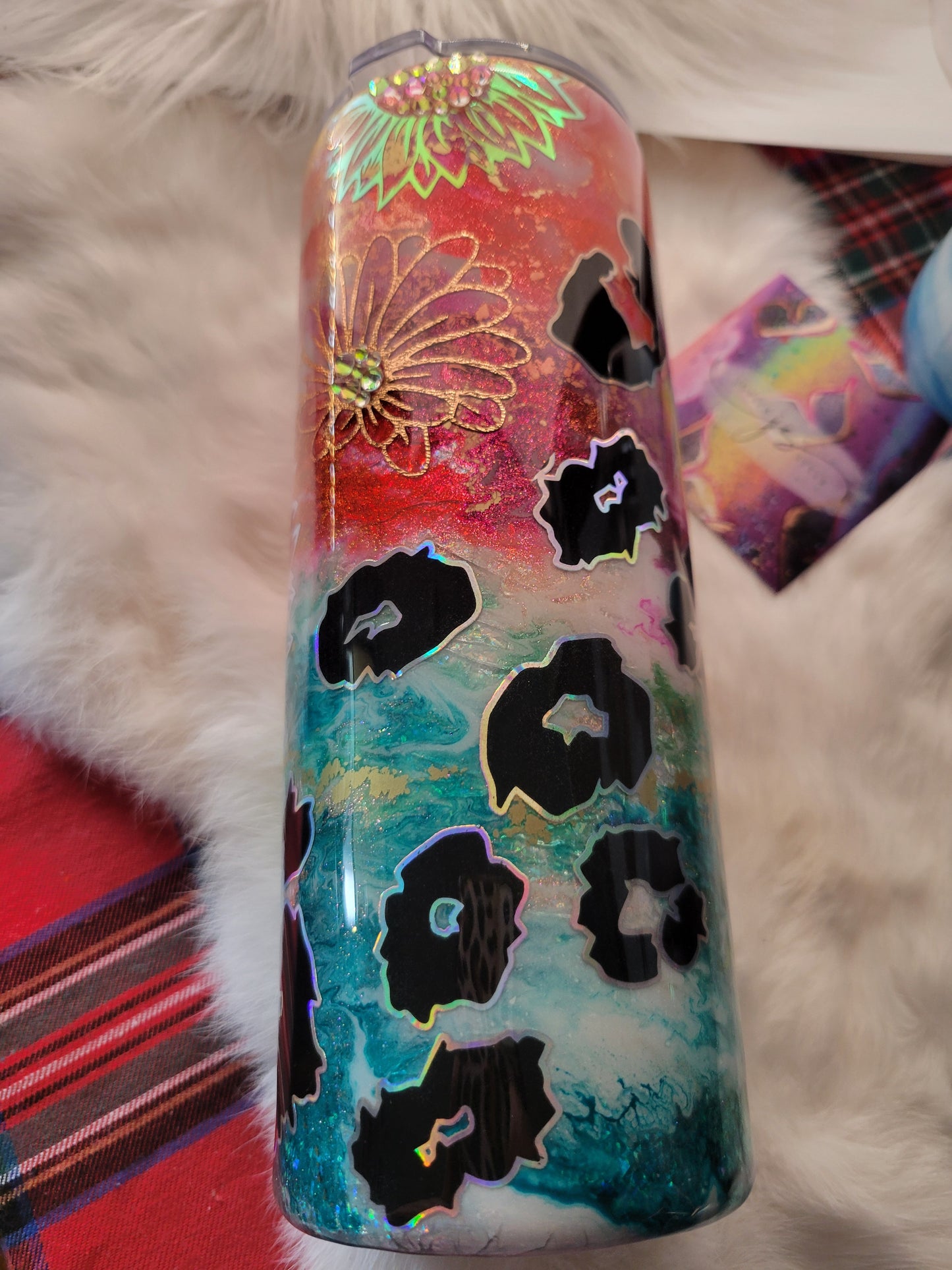 20oz rhinestone sunflower with ink swirl and leopard spots tumbler