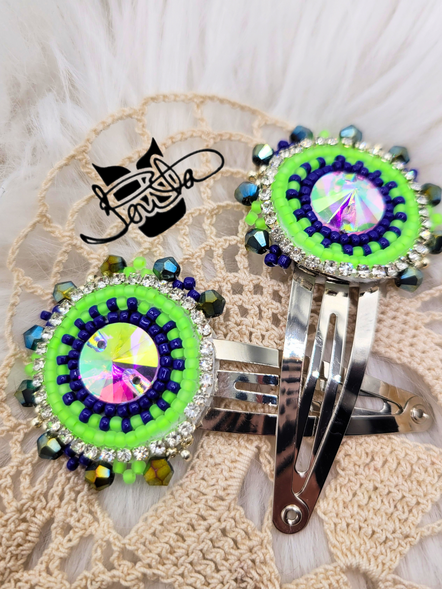 Silver/blue/noen green beaded Berets