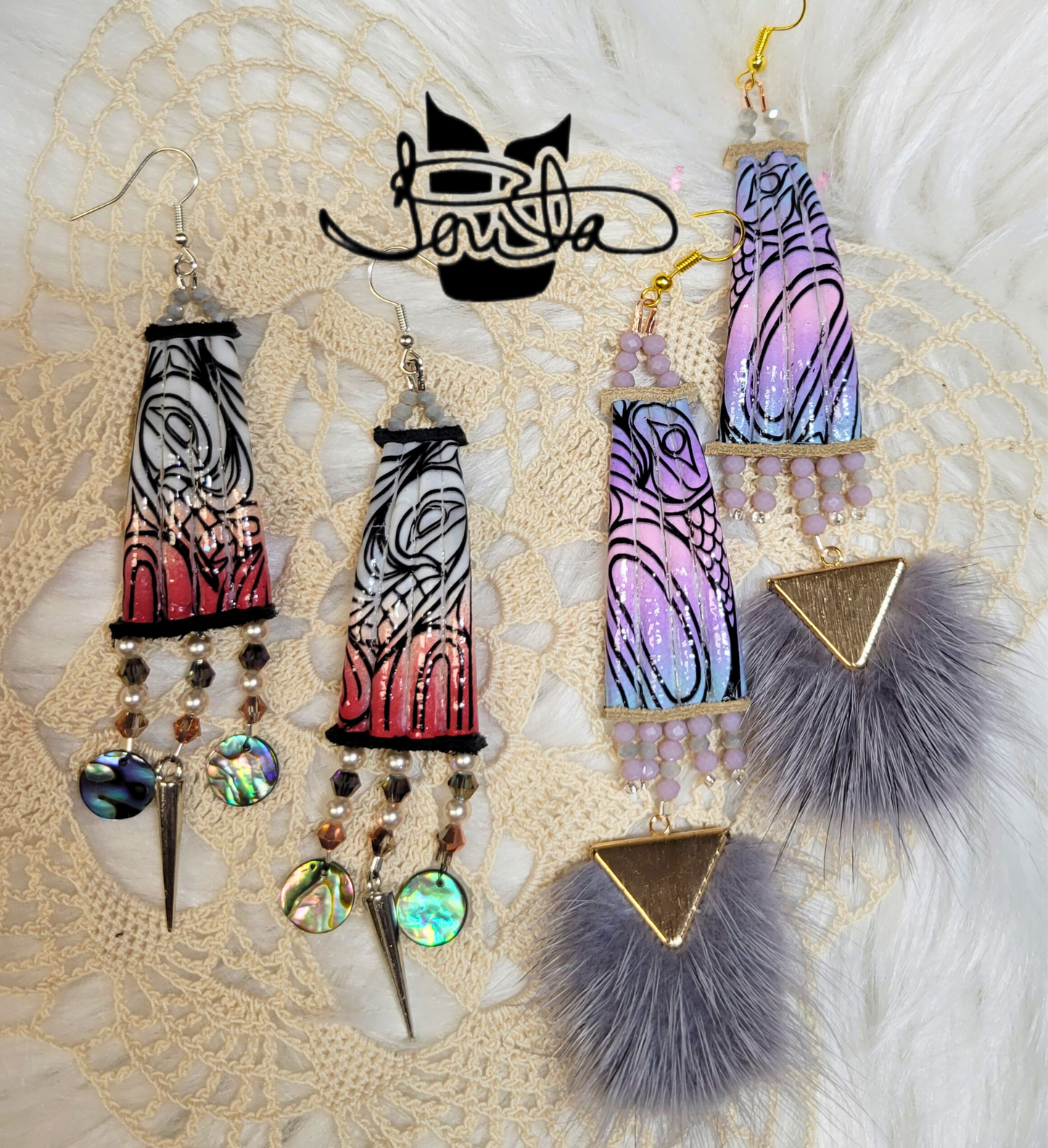 Sunset wolf dentalium earrings with spikes and abalone dangles