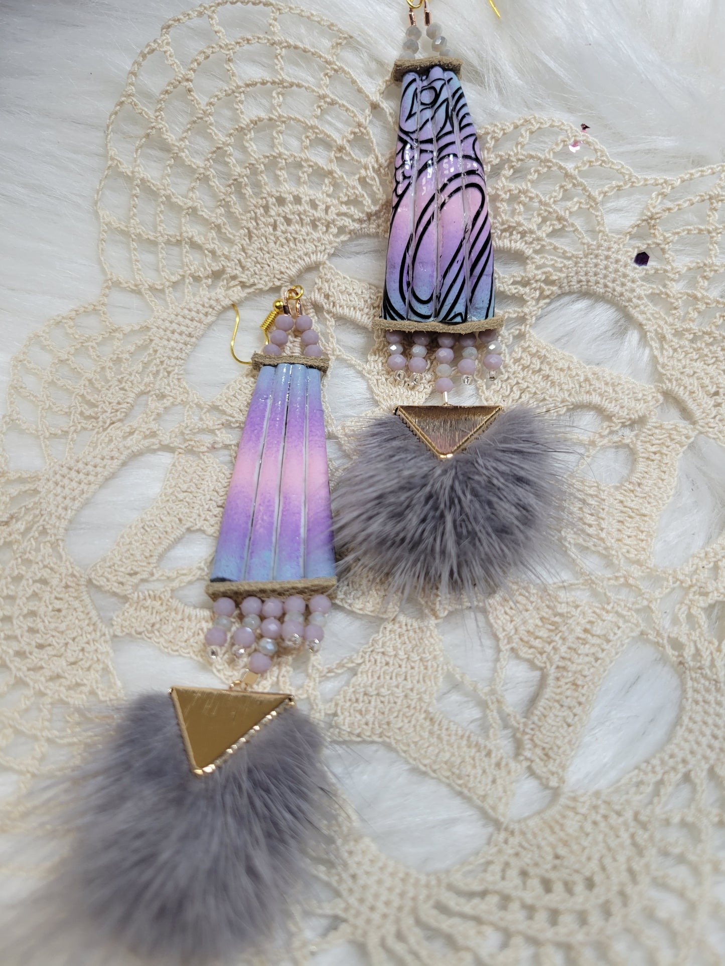 Lavender hand painted Dentalium earrings with mink dangles