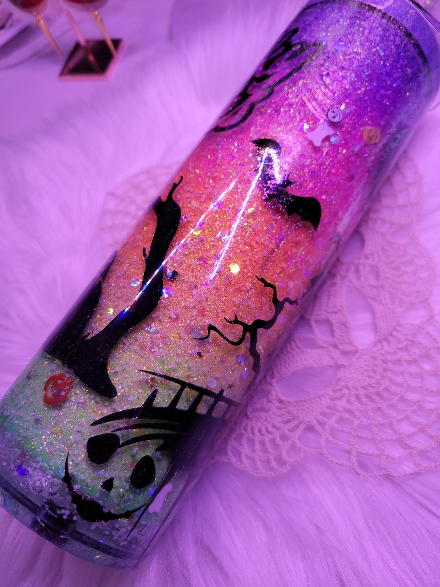 20oz Spooky Vibes snow globe tumbler that glows in the dark