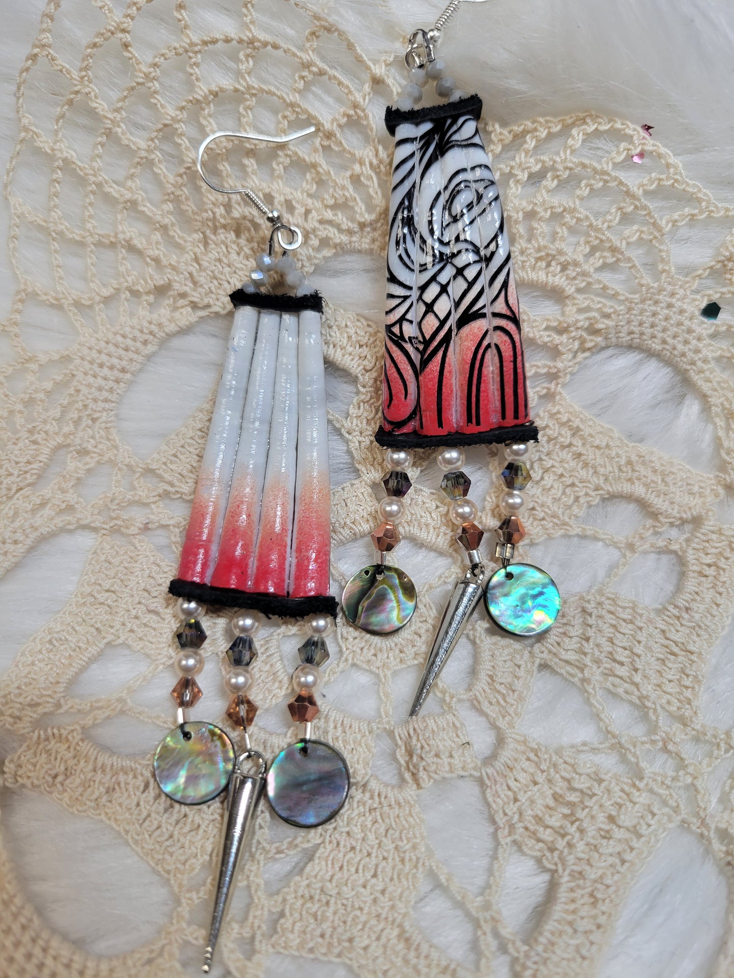 Sunset wolf dentalium earrings with spikes and abalone dangles