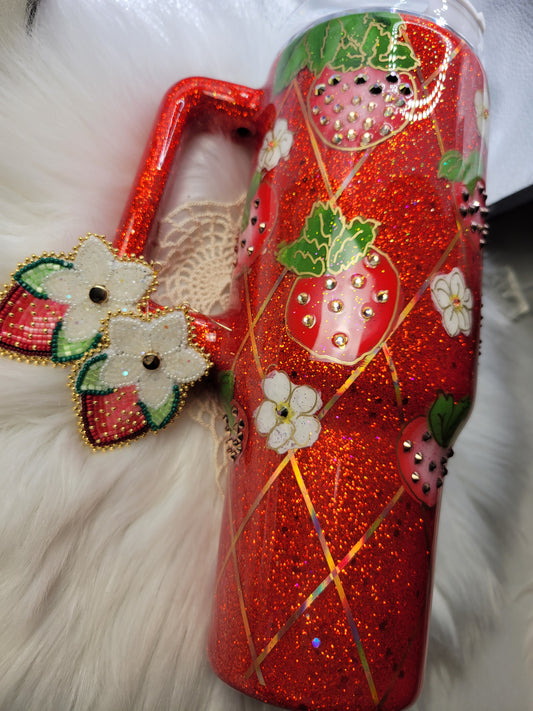 40oz Strawberry Tumbler with matching Beaded Earrings