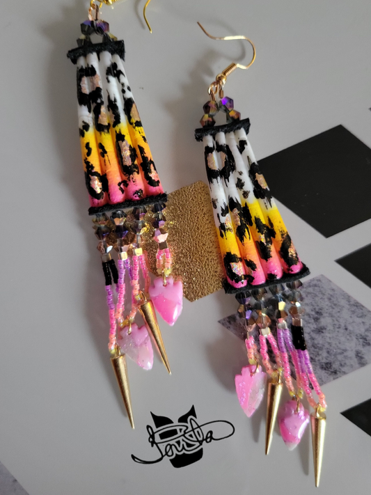 Rainbow leopard dentalium earrings with custom clay arrowheads and spikes