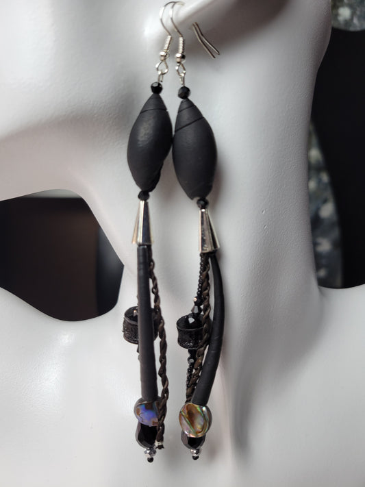Matte black,  abalone, and silver earrings