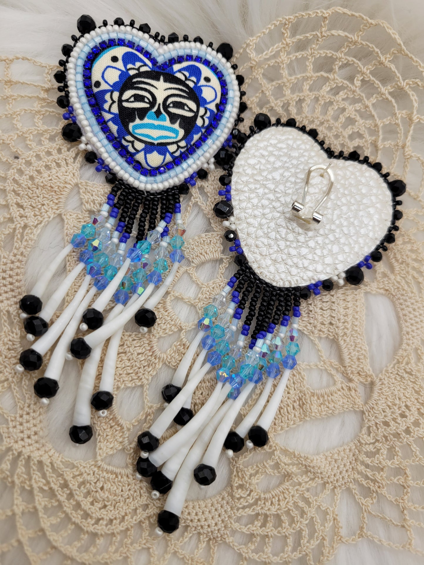 Fabric hearts cabs with moon design and dentalium dangles