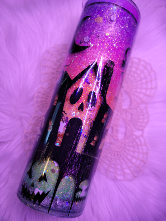 20oz Spooky Vibes snow globe tumbler that glows in the dark