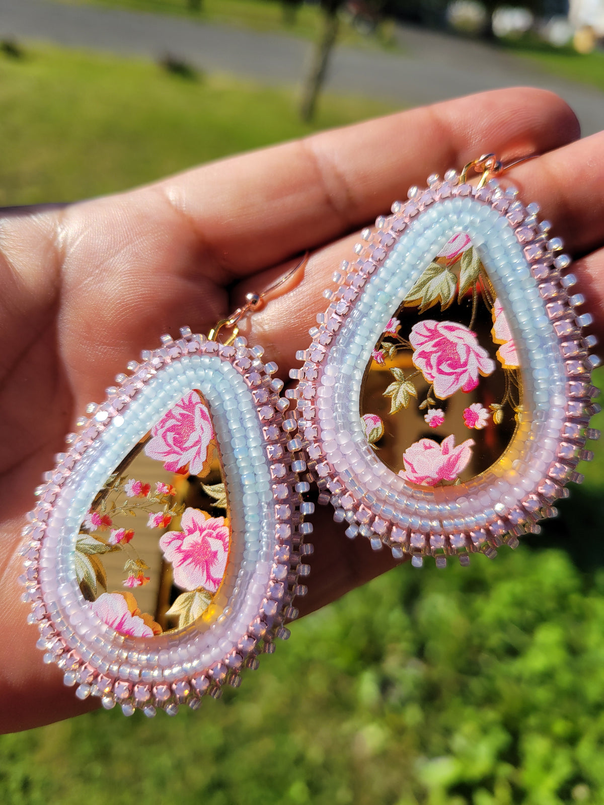 Gold mirrored rose cab beaded earrings