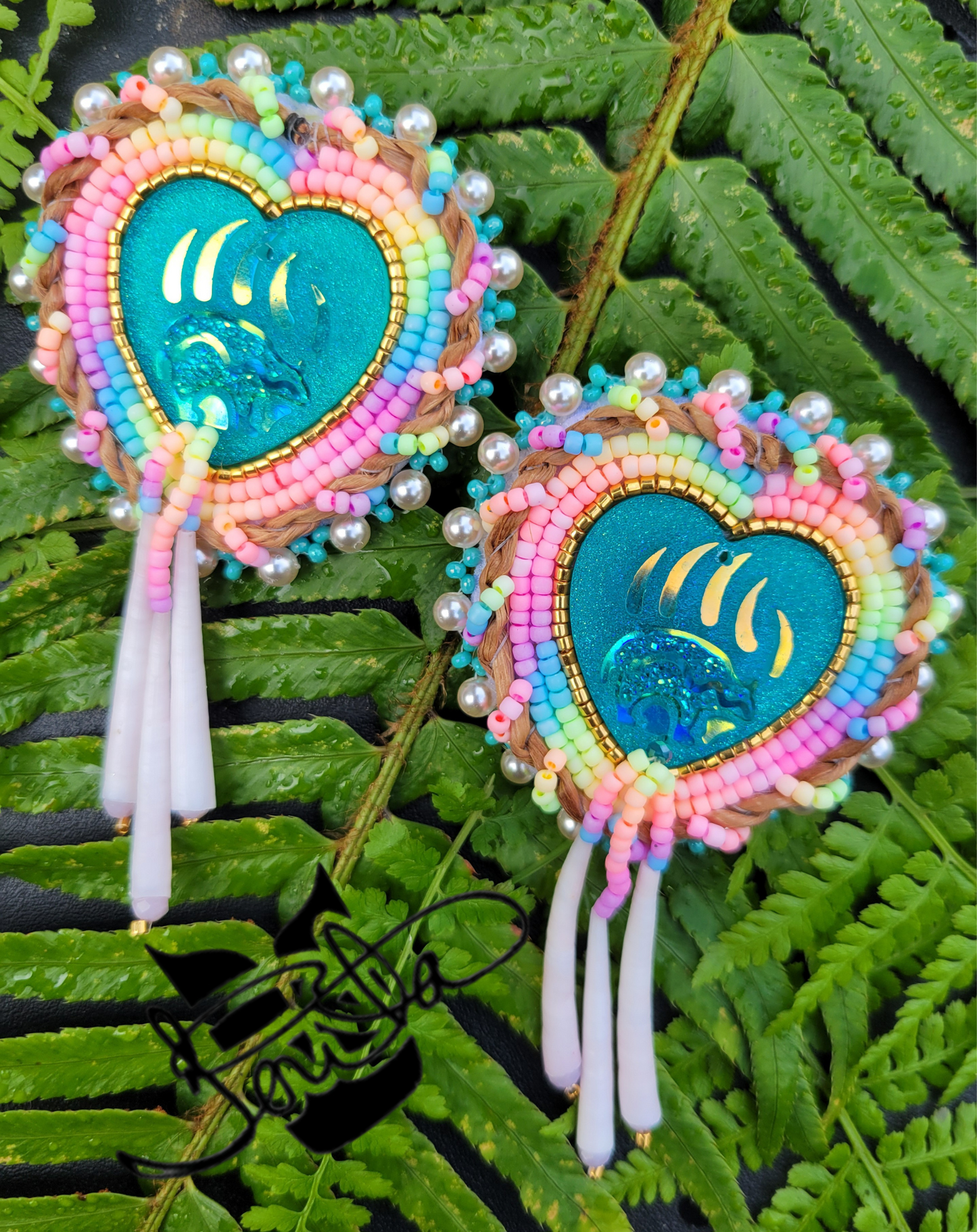 Turquoise bear claw beaded pendant rainbow earrings with cedar rope and dentalium