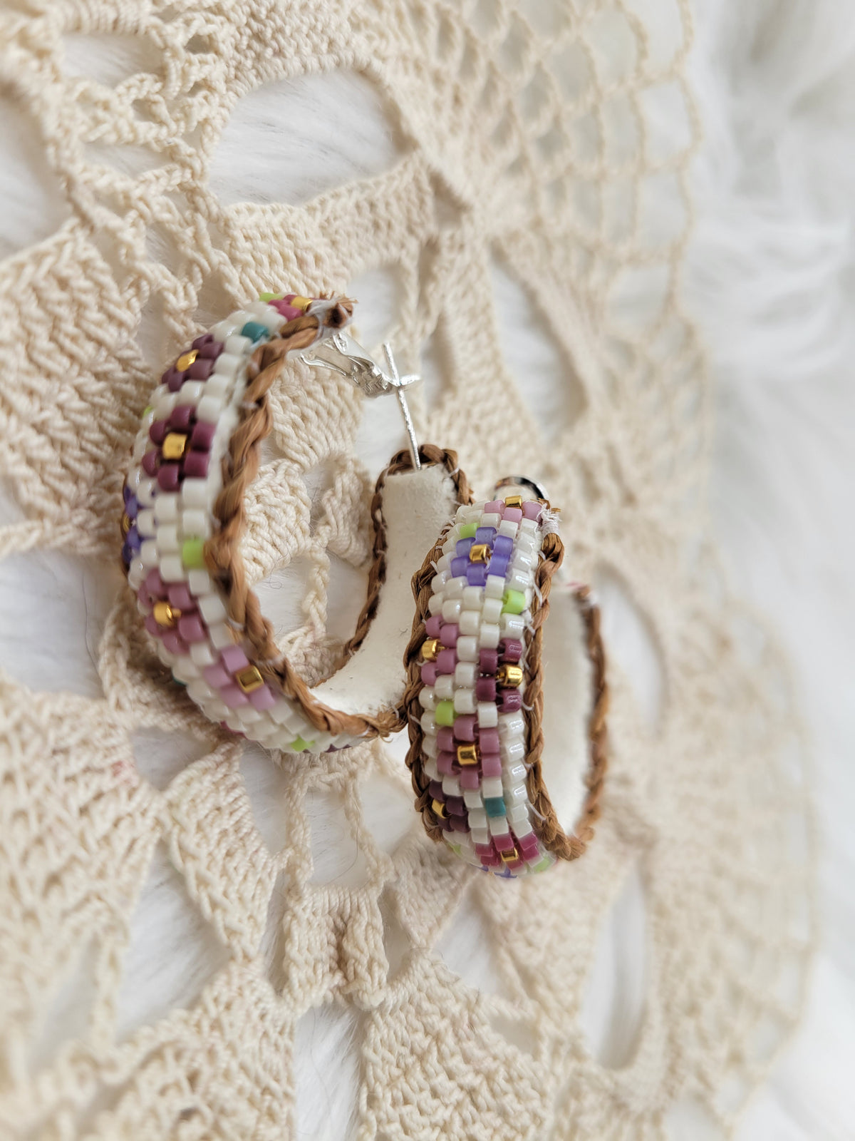 Flower beaded hoop earrings