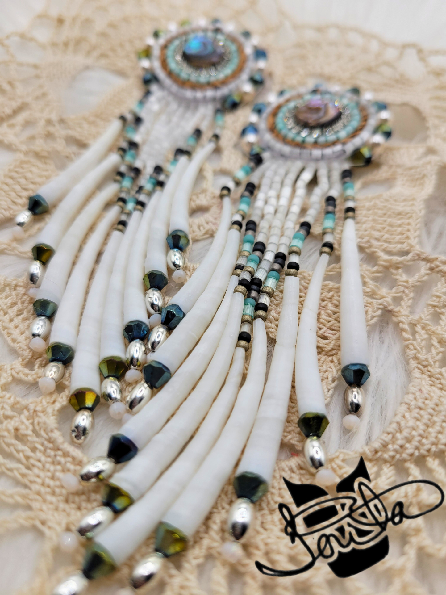 Auntie earrings,  abalone, cedar, dentalium, and silver beaded earrings