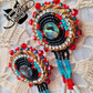 Abalone pendant beaded earrings with cedar rope and dentalium dangles.