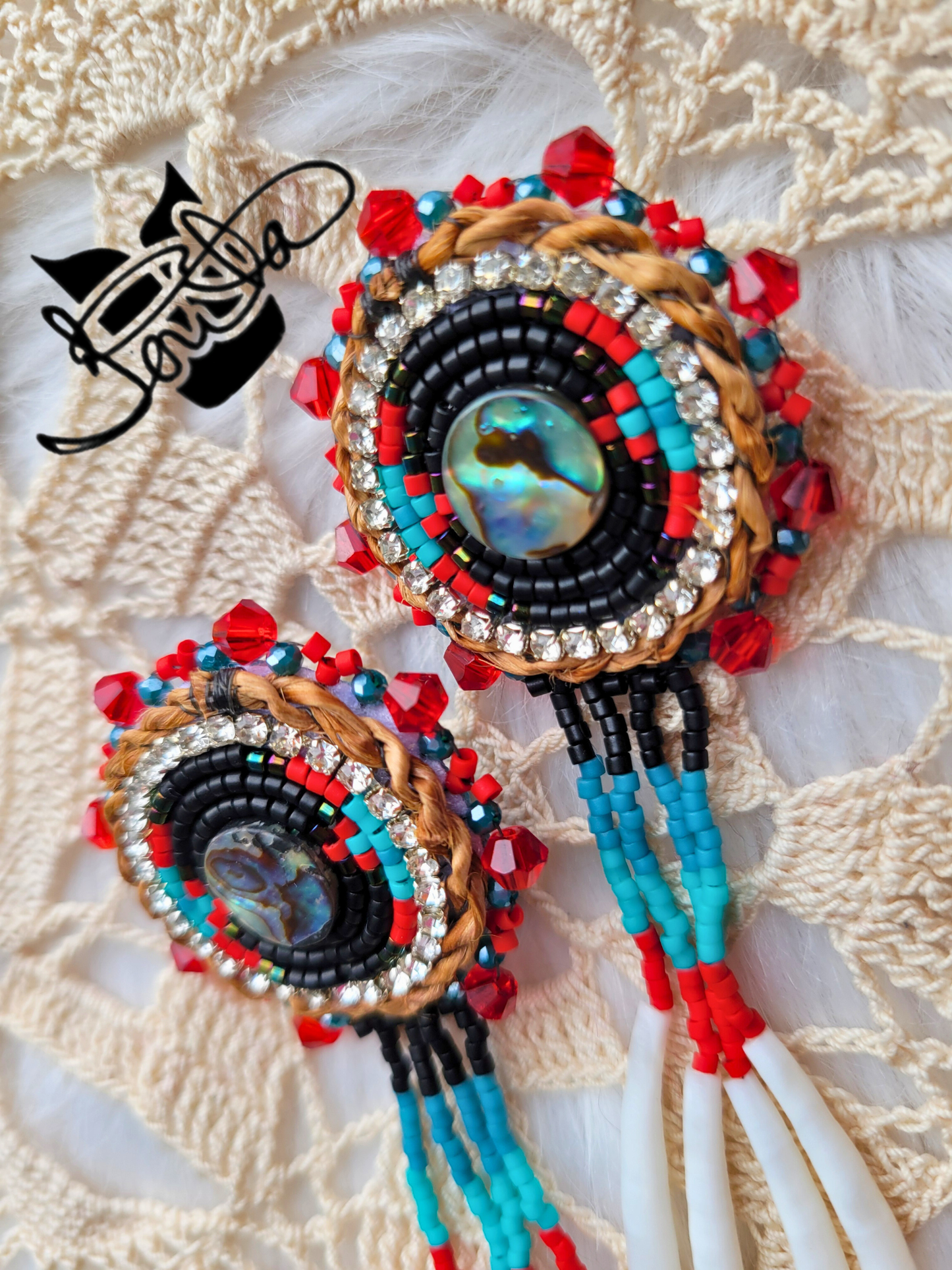 Abalone pendant beaded earrings with cedar rope and dentalium dangles.