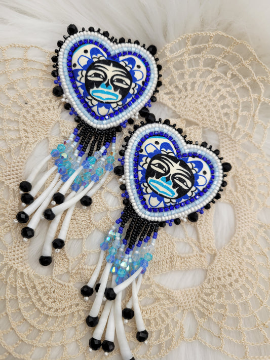 Fabric hearts cabs with moon design and dentalium dangles