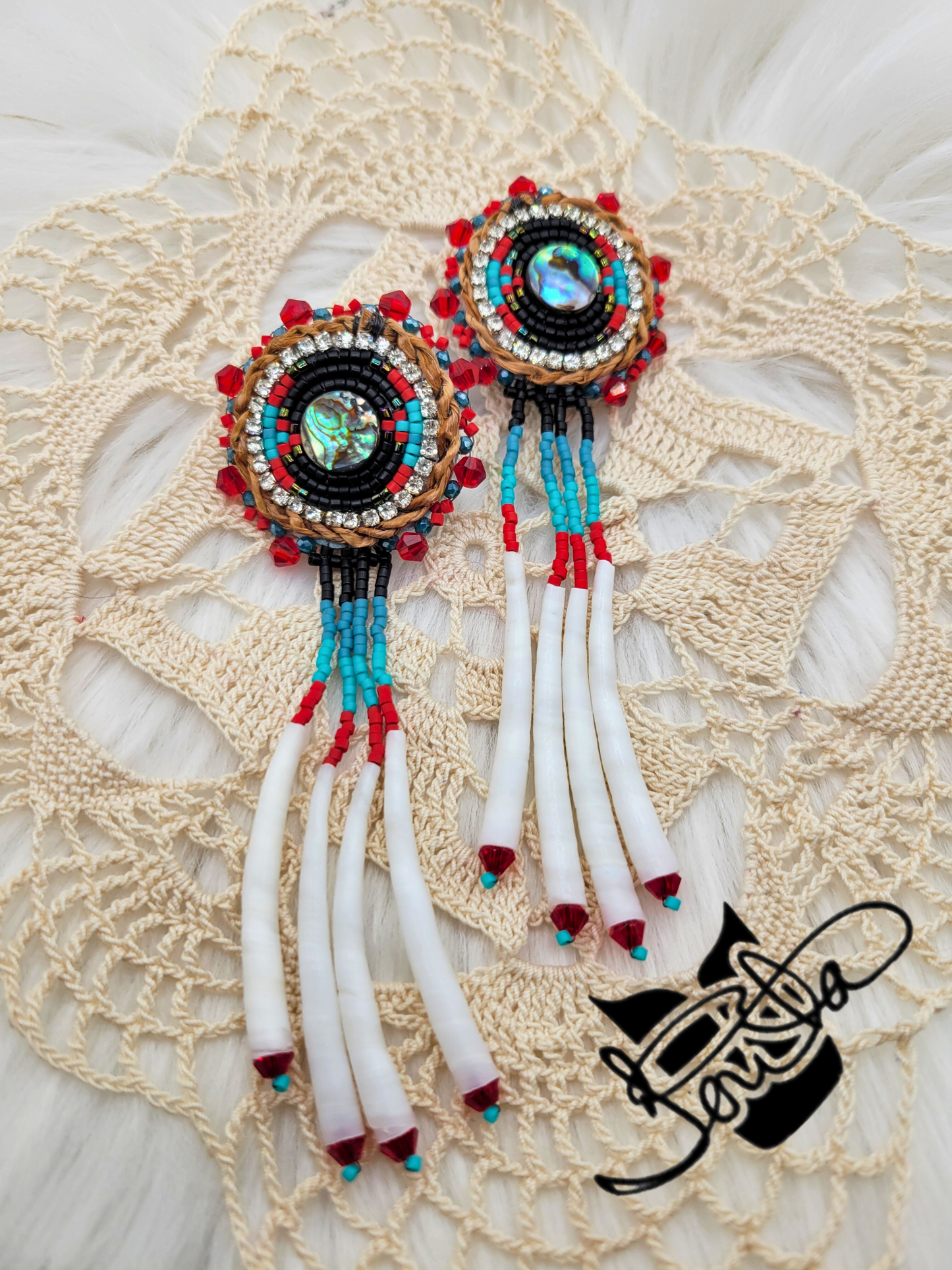 Abalone pendant beaded earrings with cedar rope and dentalium dangles.