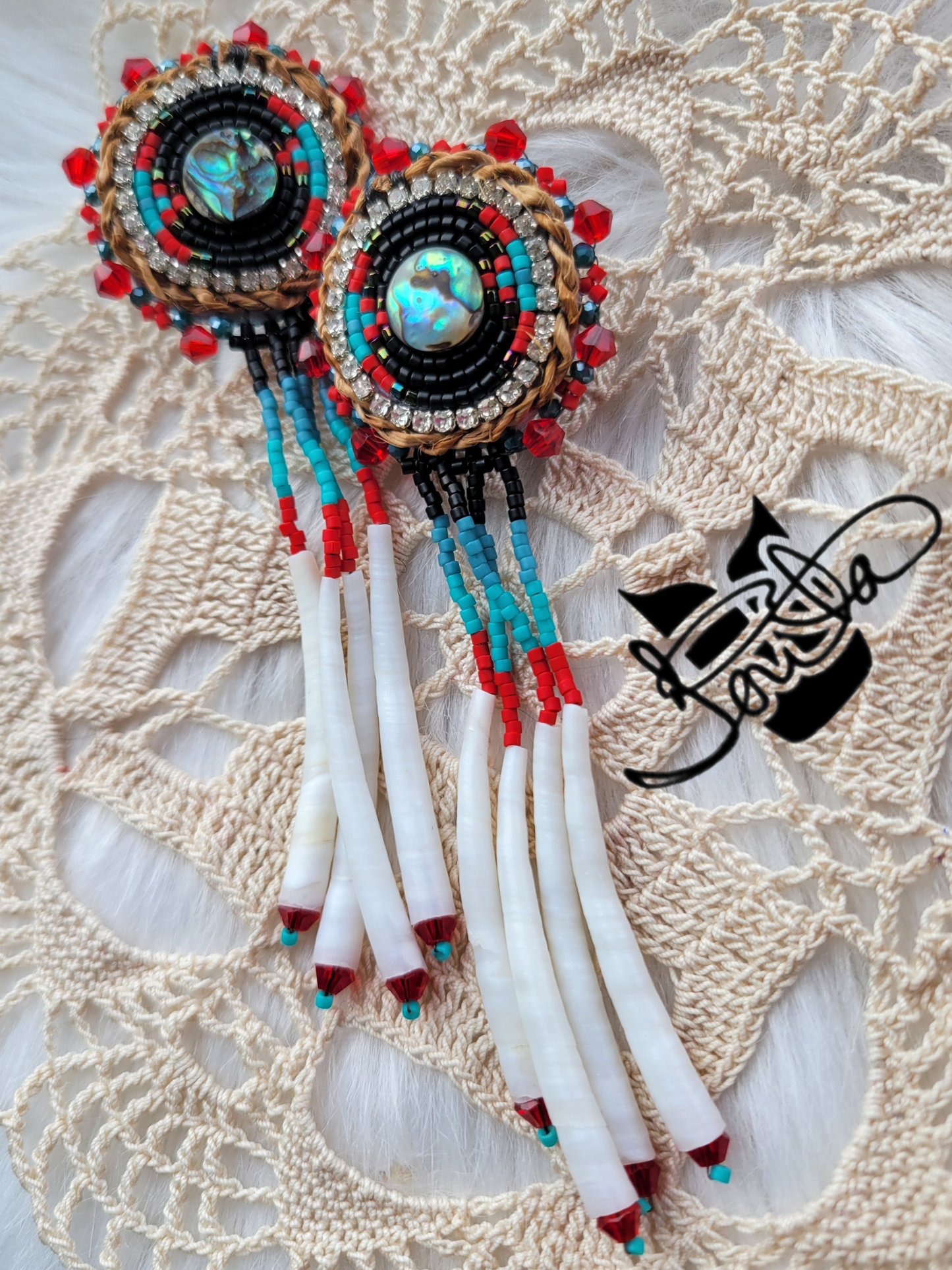 Abalone pendant beaded earrings with cedar rope and dentalium dangles.