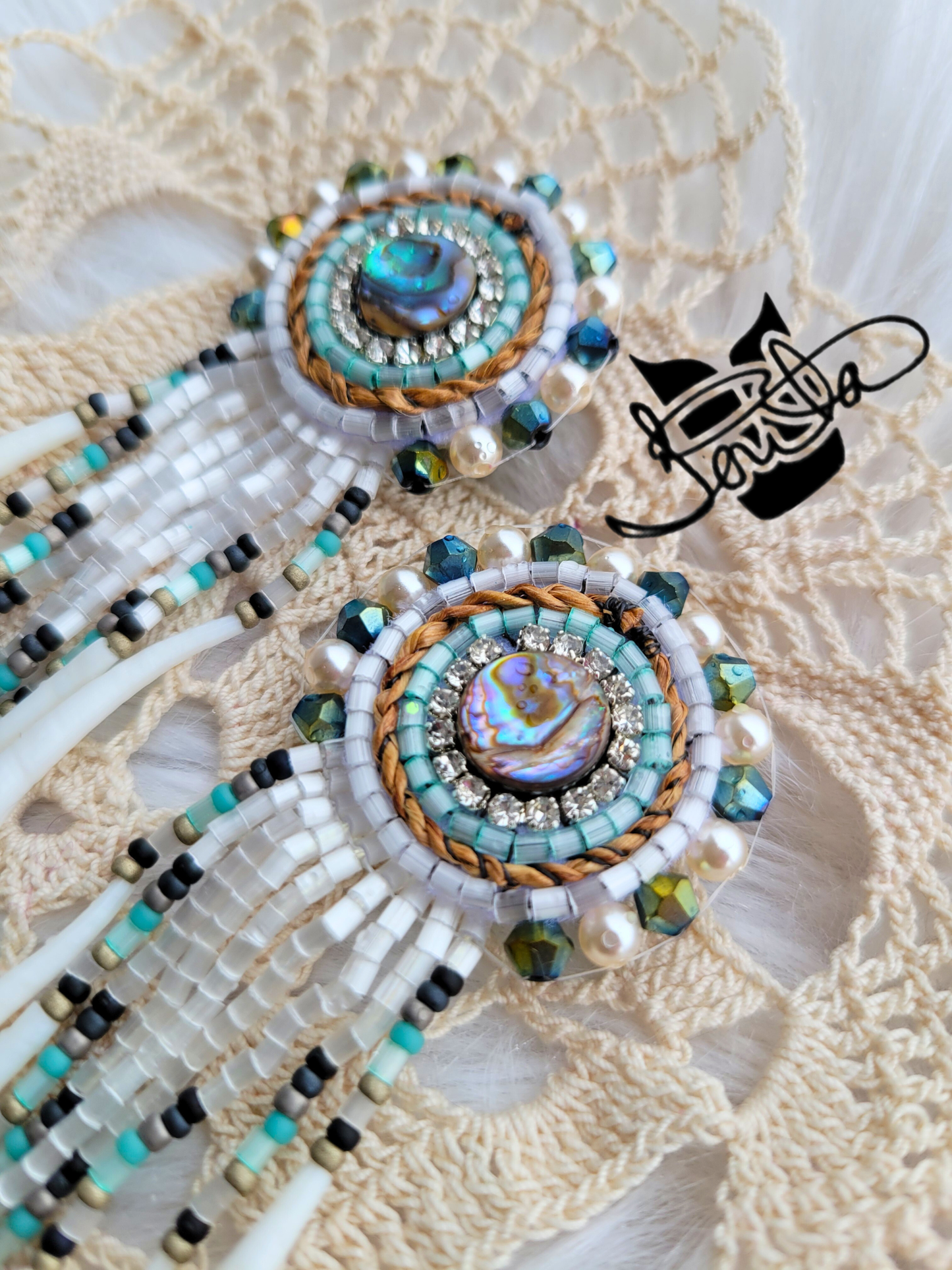 Auntie earrings,  abalone, cedar, dentalium, and silver beaded earrings