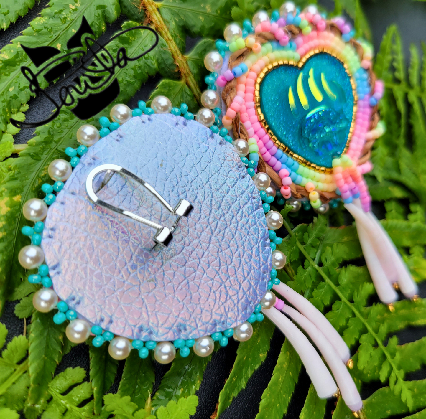 Turquoise bear claw beaded pendant rainbow earrings with cedar rope and dentalium