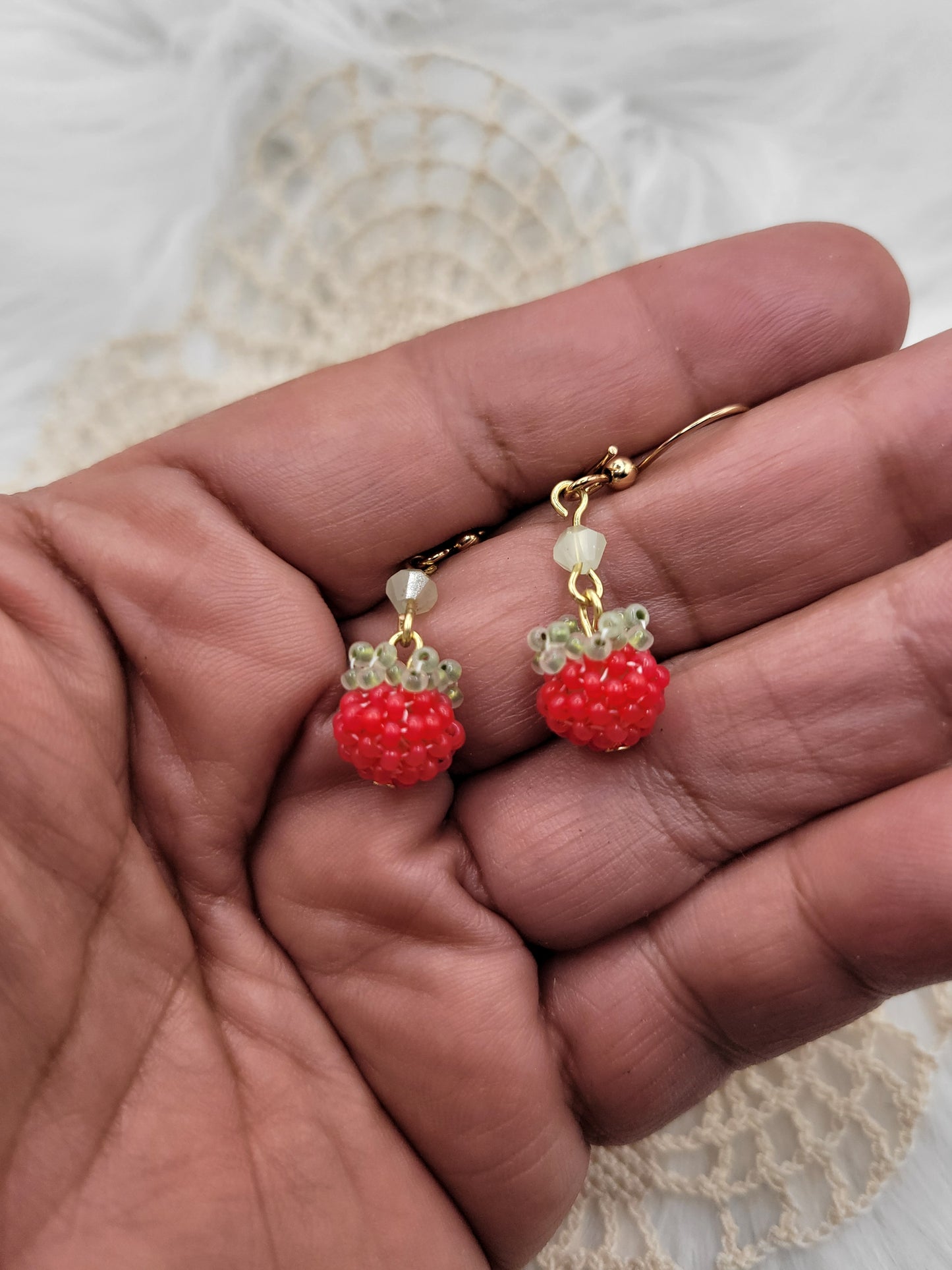 Matte red berry beaded earrings
