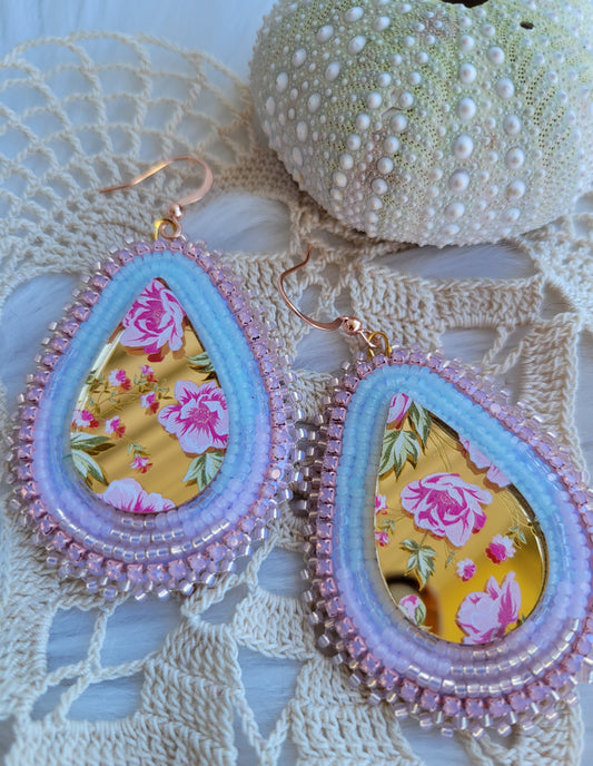 Gold mirrored rose cab beaded earrings