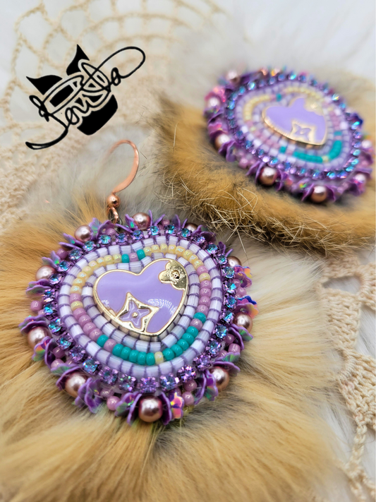 Purple Lv Heart beaded earrings with fur
