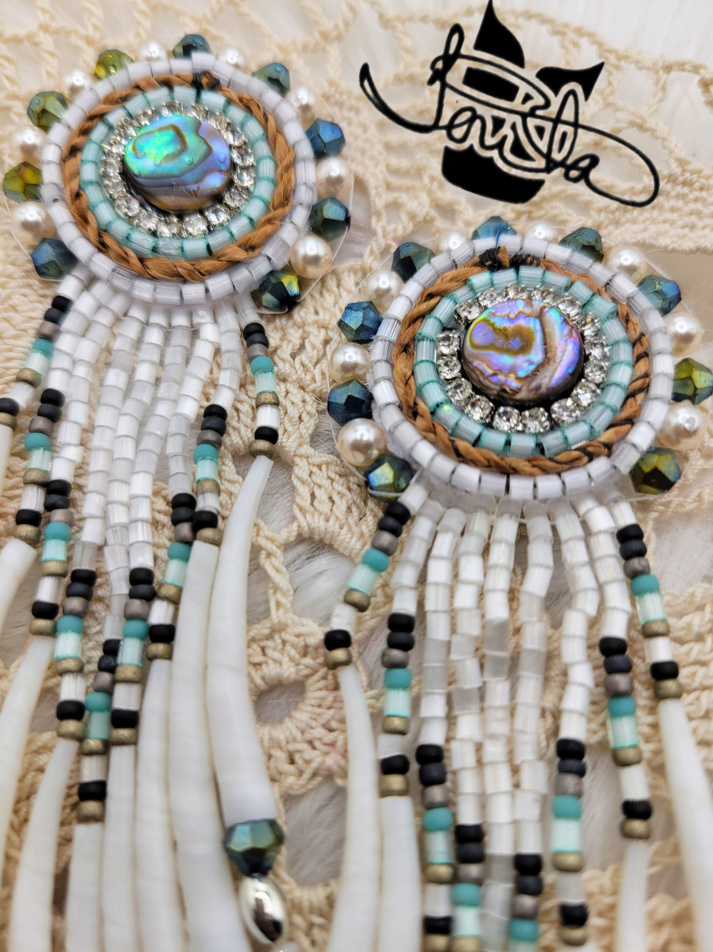 Auntie earrings,  abalone, cedar, dentalium, and silver beaded earrings