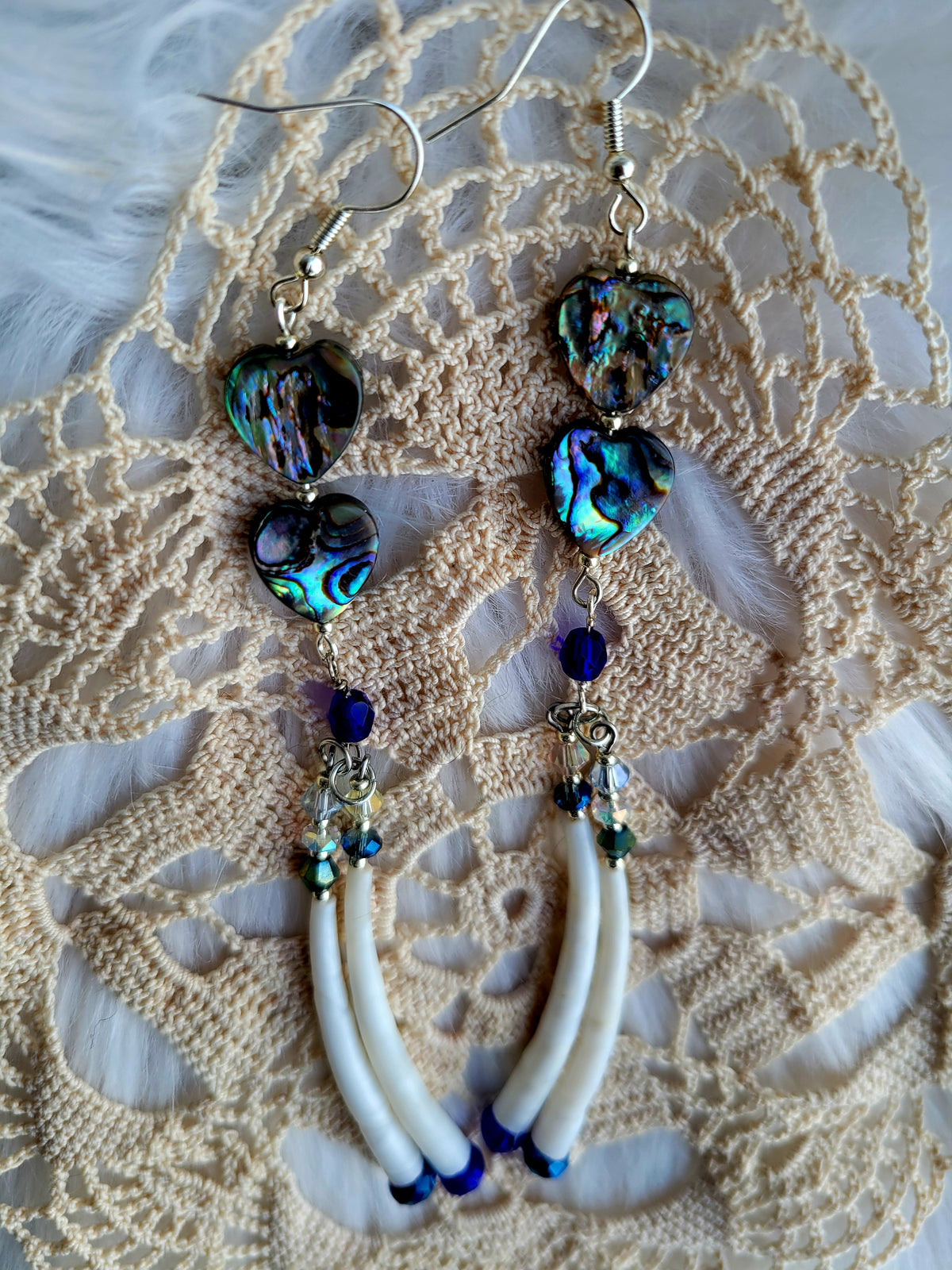 Stacked heart abalone beads with Dentalium dangles