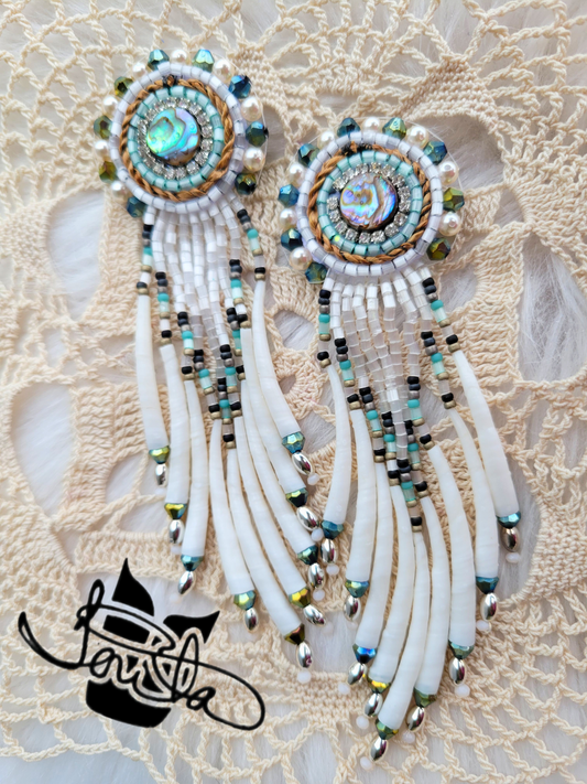 Auntie earrings,  abalone, cedar, dentalium, and silver beaded earrings