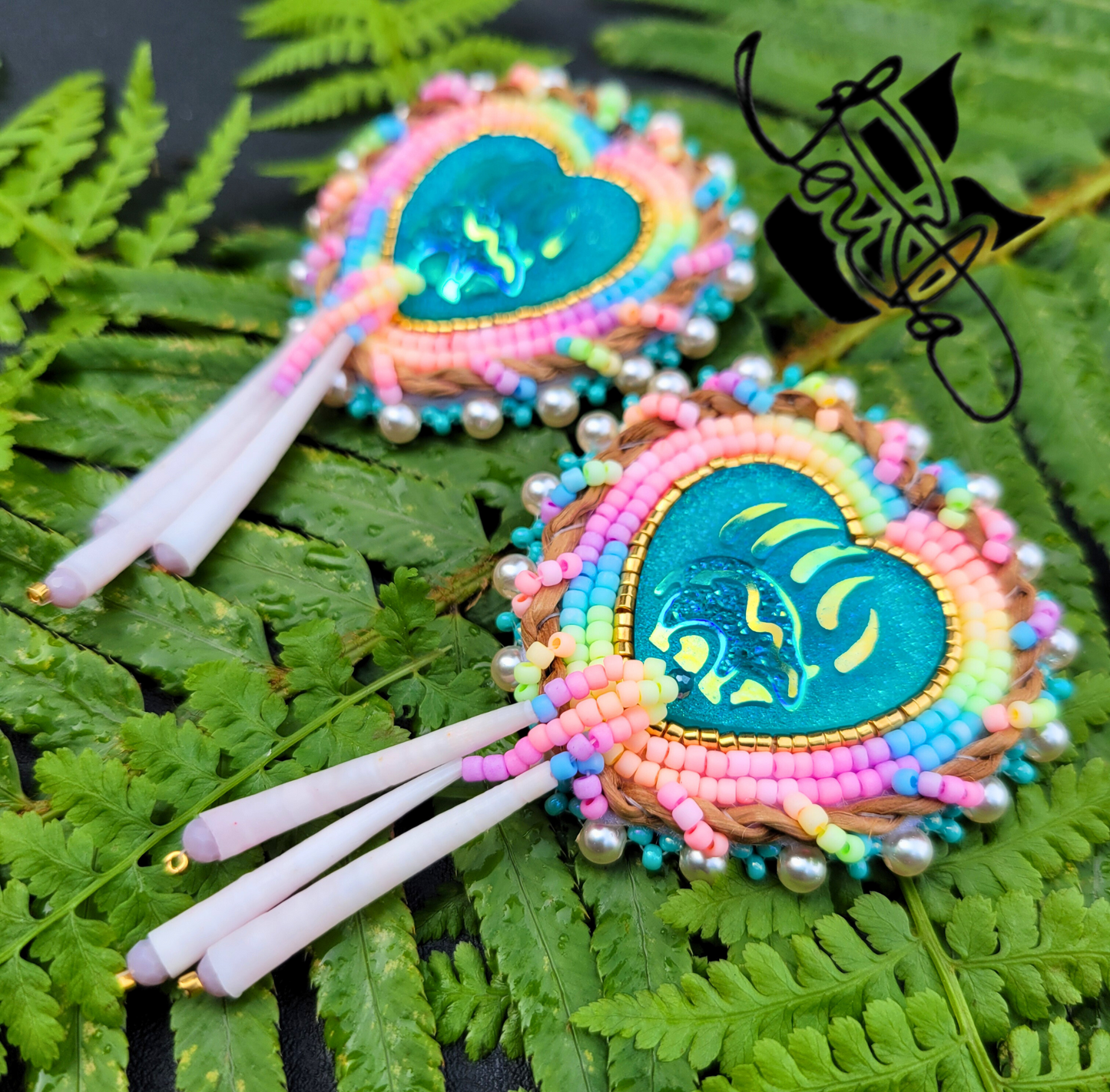 Turquoise bear claw beaded pendant rainbow earrings with cedar rope and dentalium