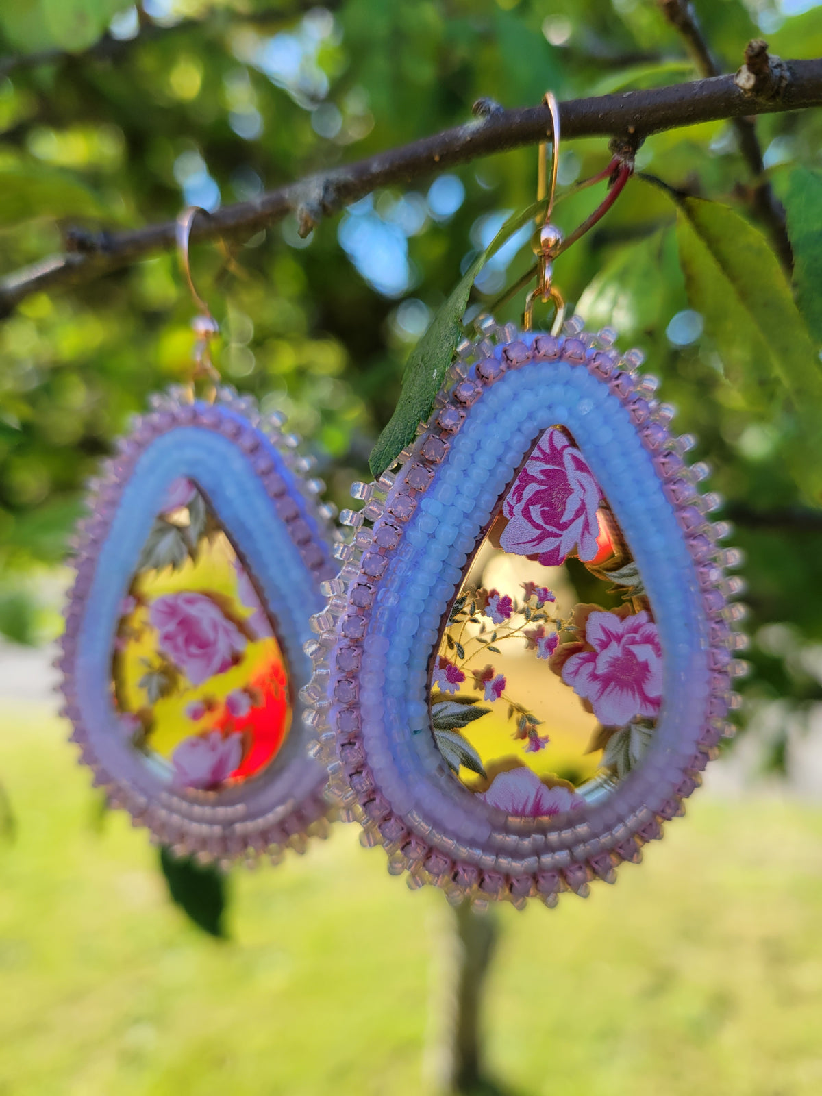 Gold mirrored rose cab beaded earrings