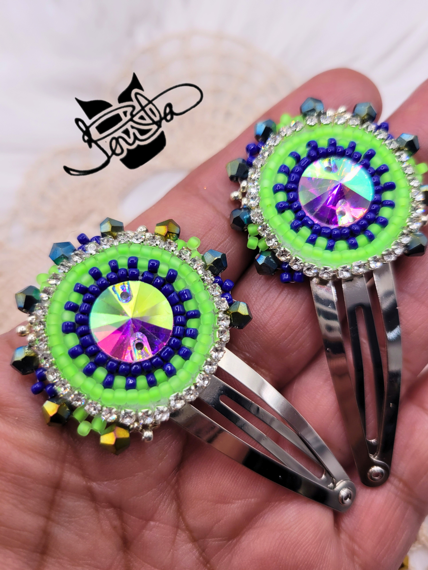 Silver/blue/noen green  beaded Berets