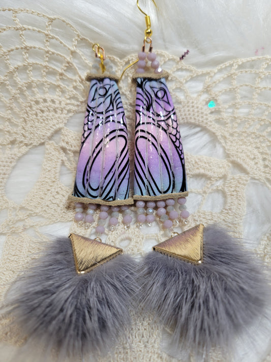 Lavender hand painted Dentalium earrings with mink dangles