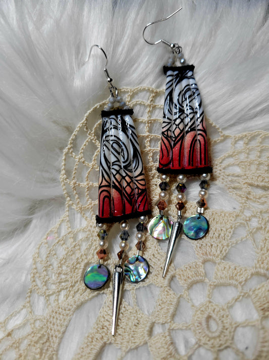 Sunset wolf dentalium earrings with spikes and abalone dangles