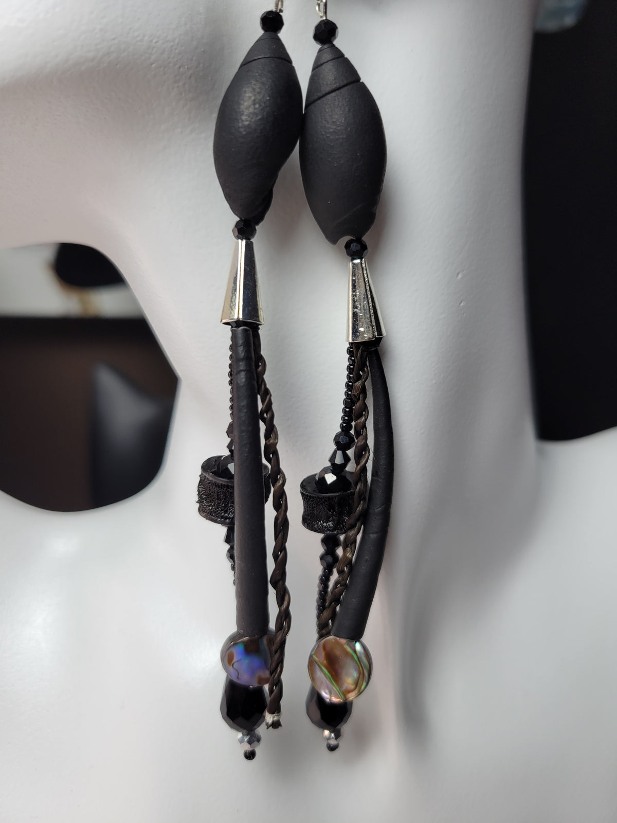 Matte black,  abalone, and silver earrings