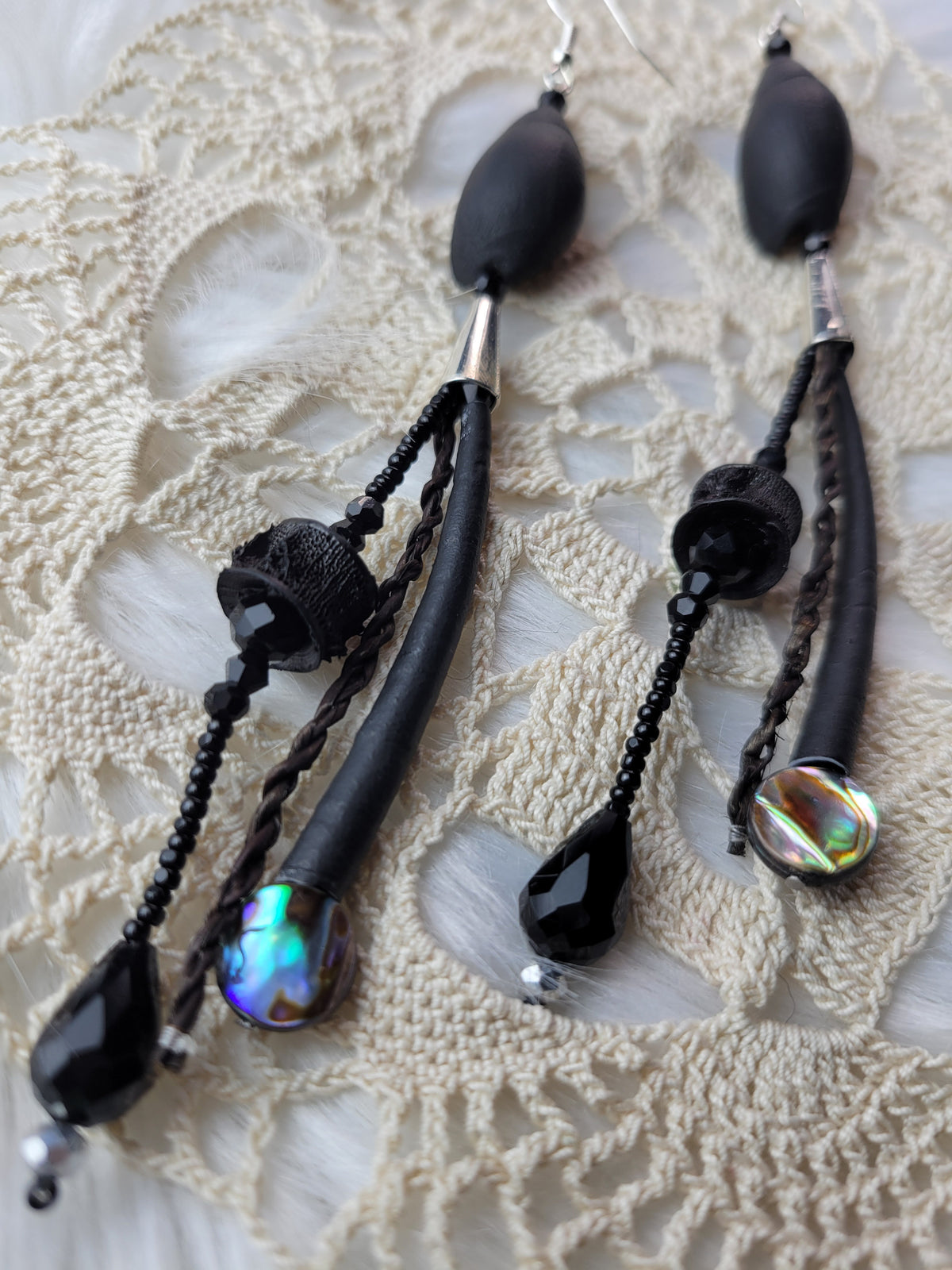 Matte black,  abalone, and silver earrings