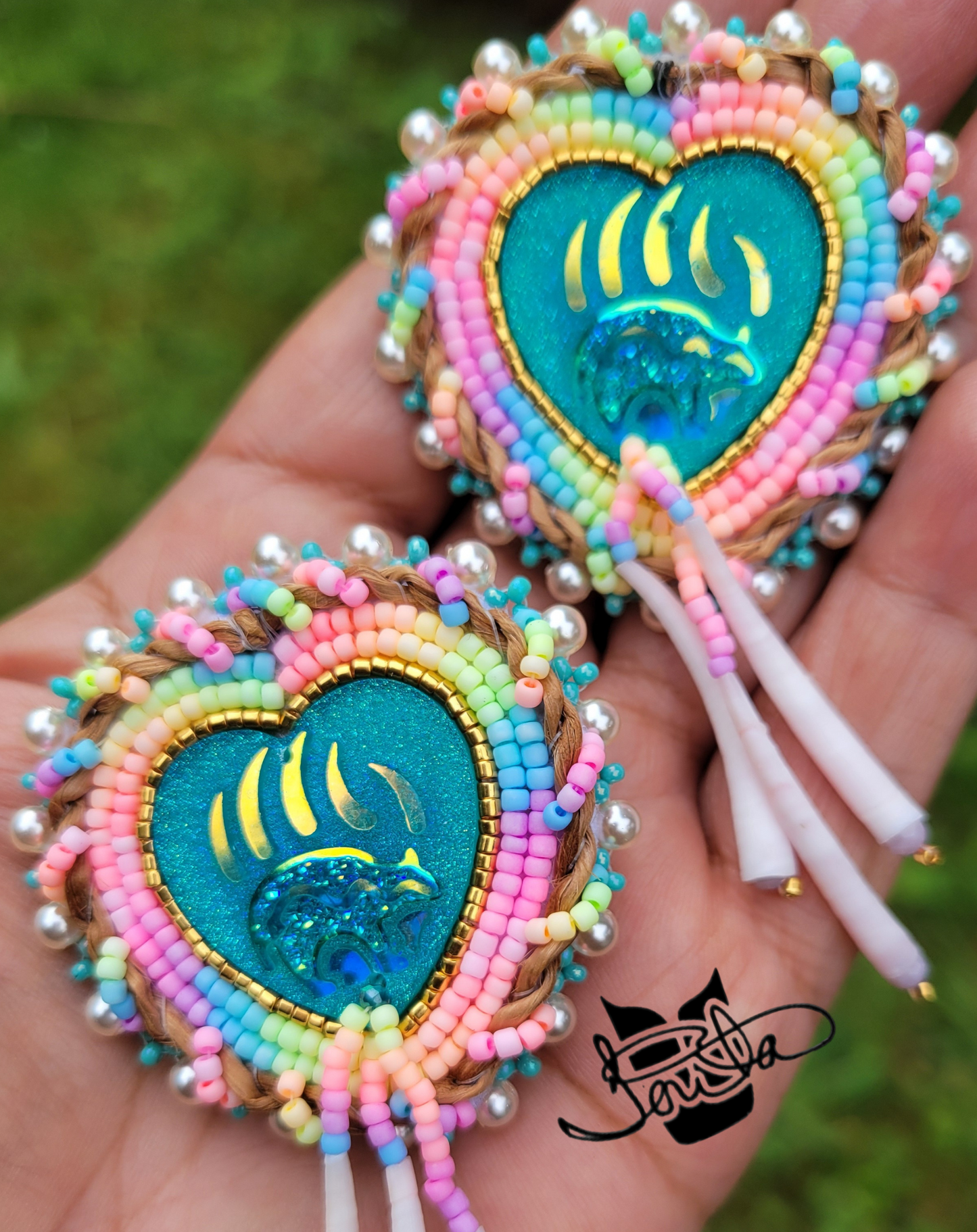 Turquoise bear claw beaded pendant rainbow earrings with cedar rope and dentalium
