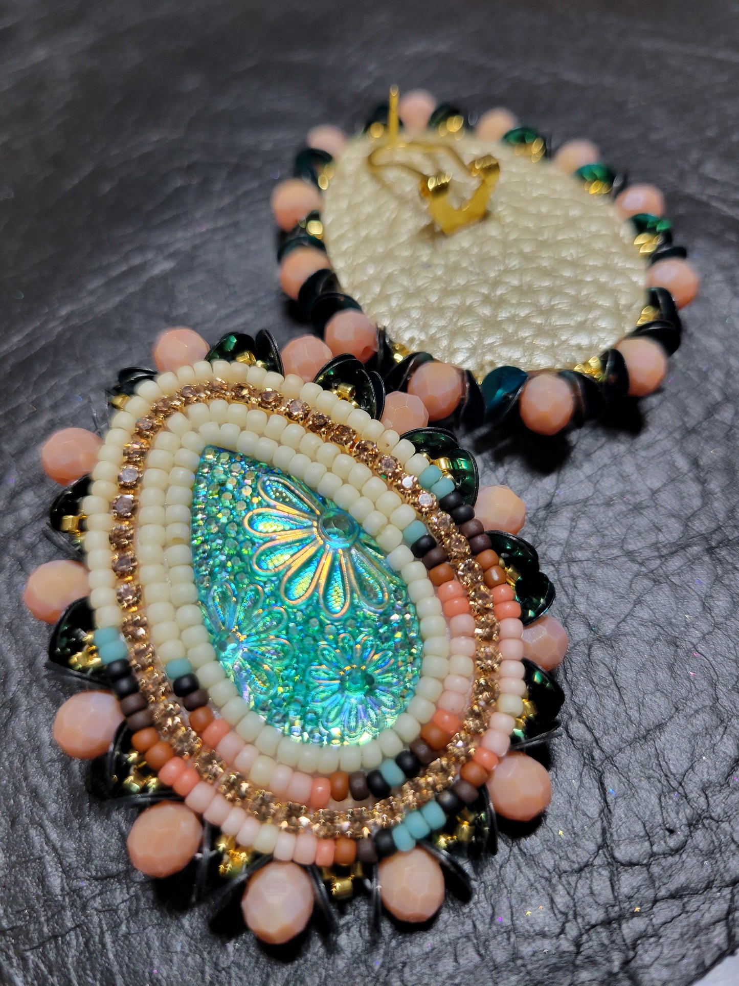Turquoise tear drop beaded earrings with sequins edging