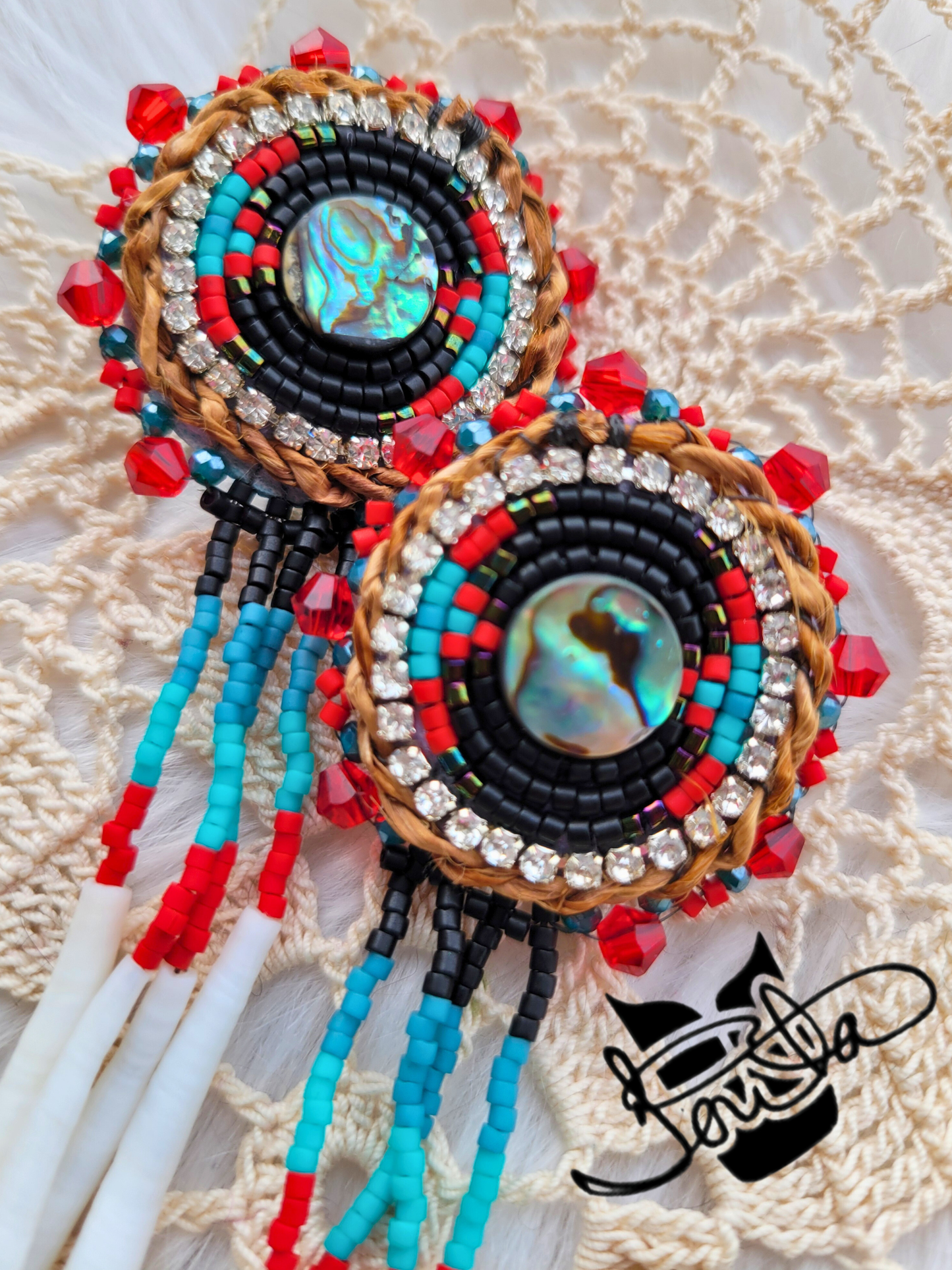 Abalone pendant beaded earrings with cedar rope and dentalium dangles.