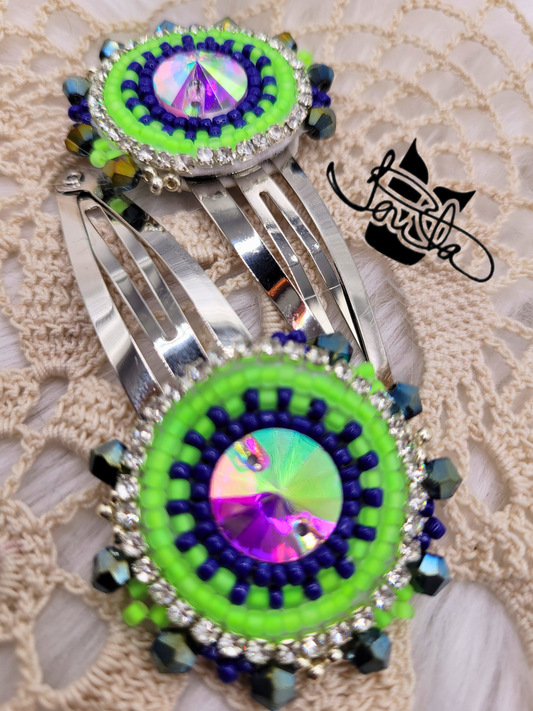 Silver/blue/noen green  beaded Berets