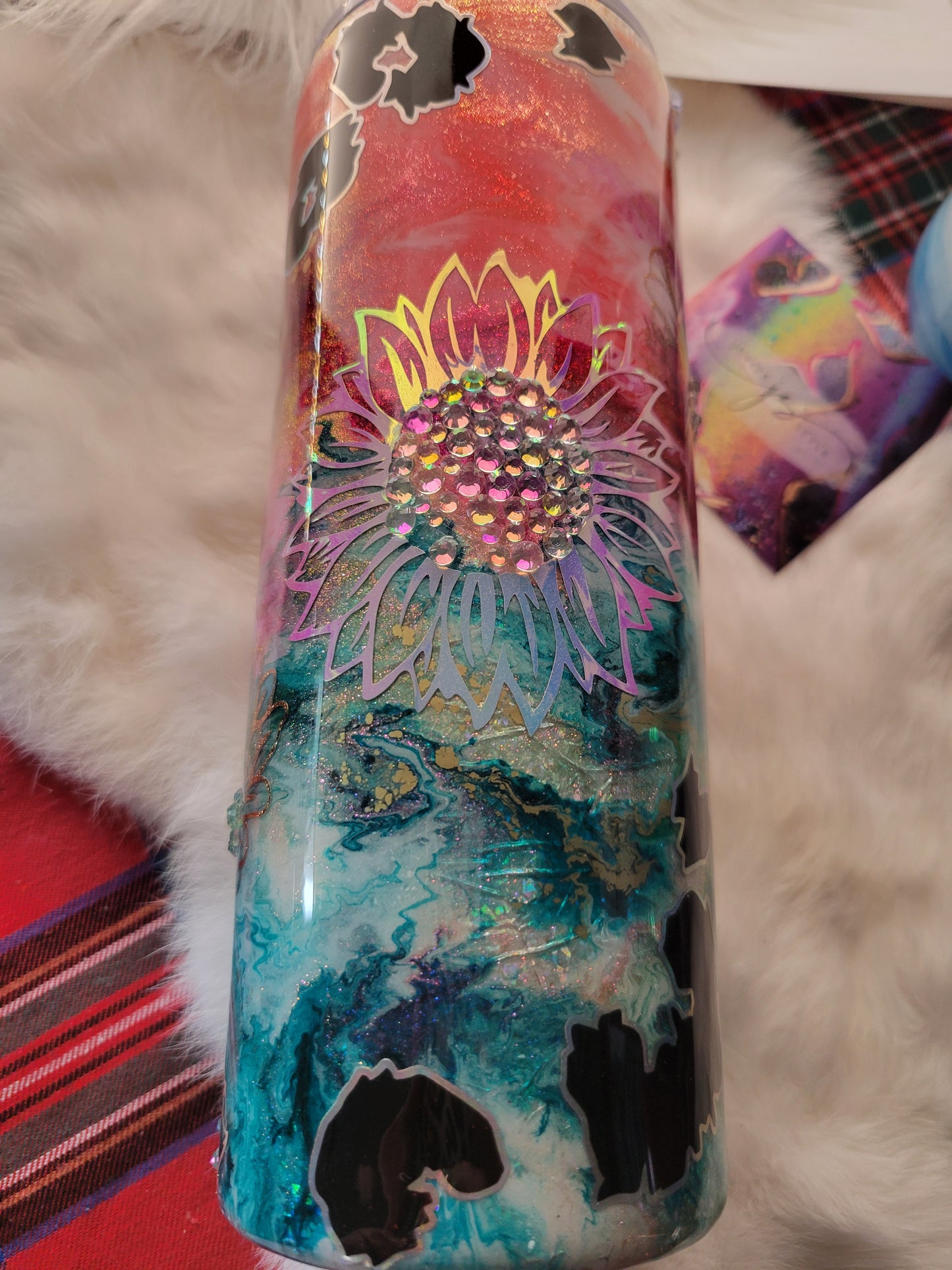 20oz rhinestone sunflower with ink swirl and leopard spots tumbler